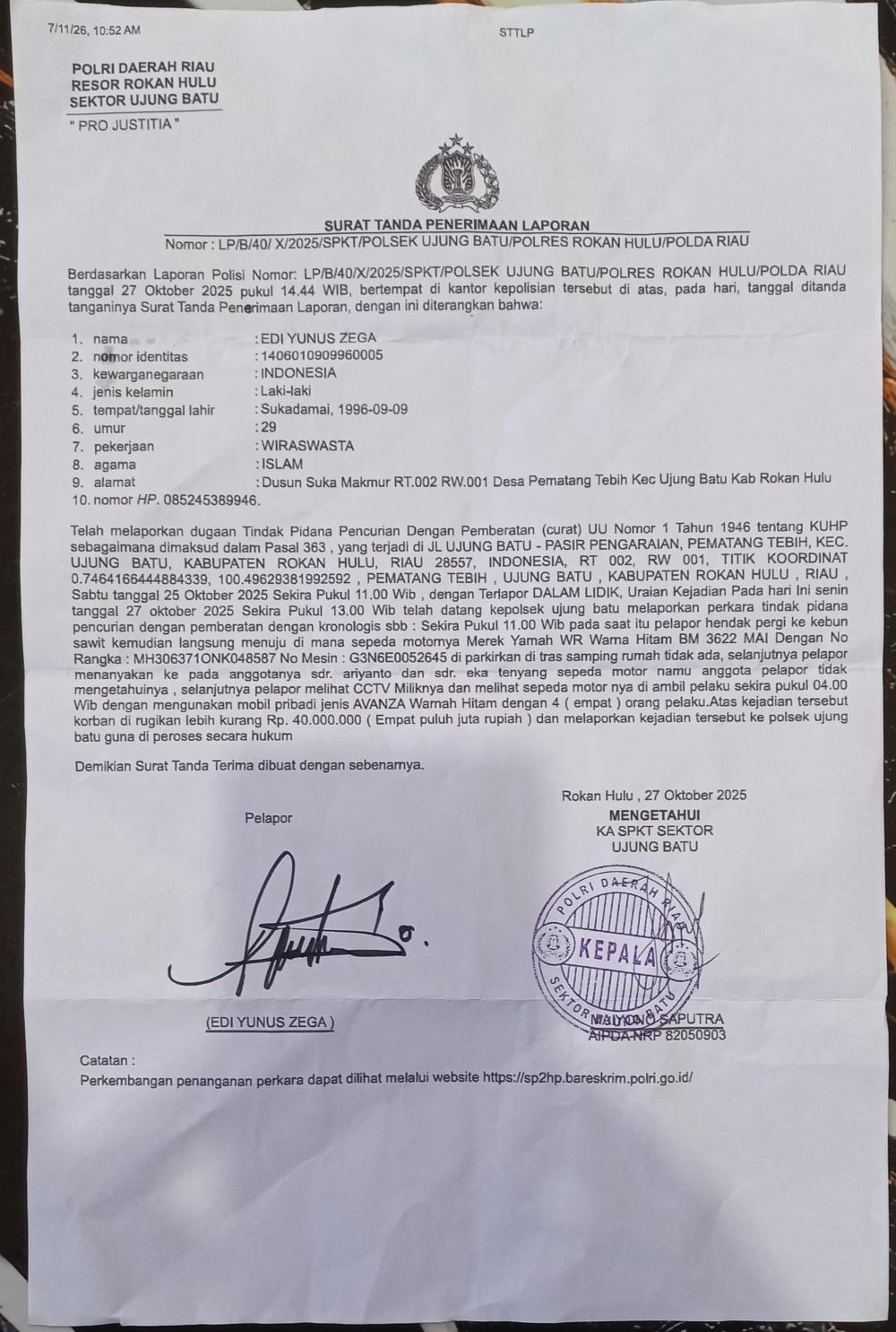 Laporan Curat Sejak 2025, Korban Kecewa Motor Belum Ditemukan dan Penanganan Dinilai Tak Jelas