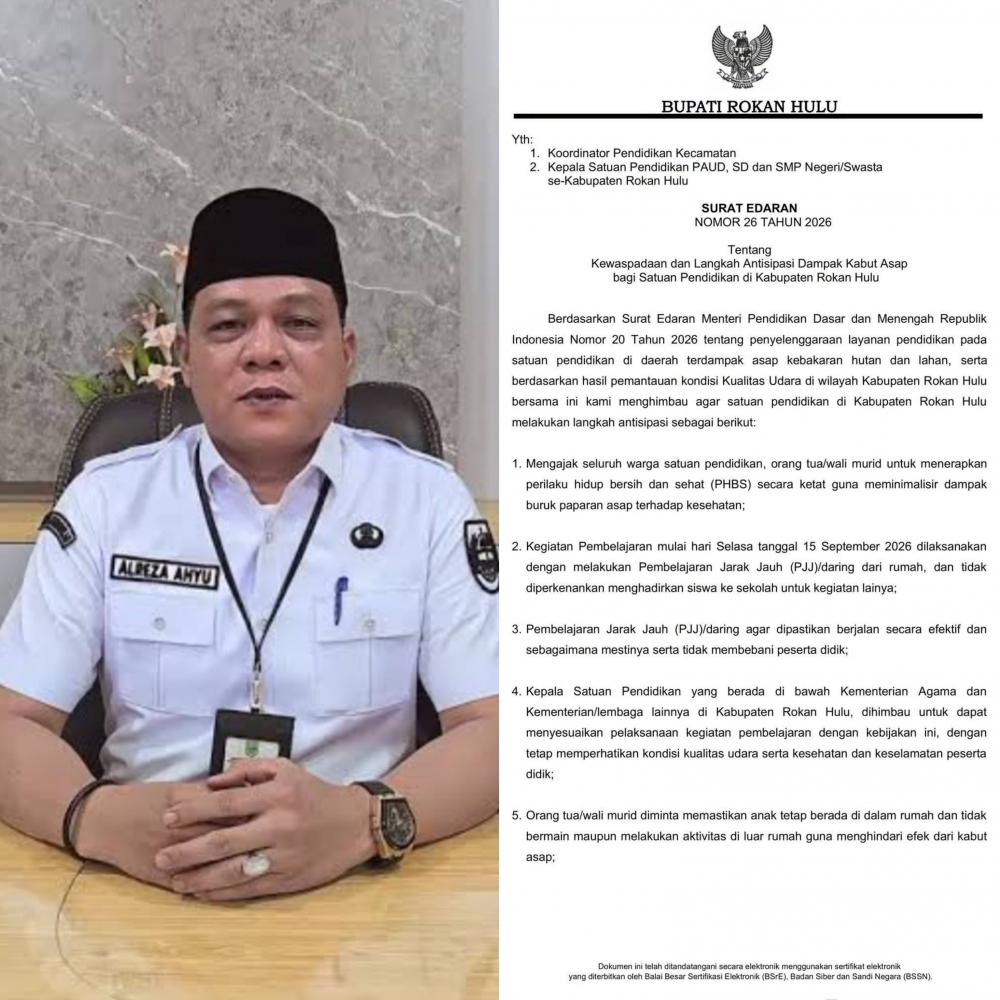 Dampak Kabut Asap, Disdikpora Rohul Imbau Sekolah Terapkan PJJ Mulai 15 September 2026