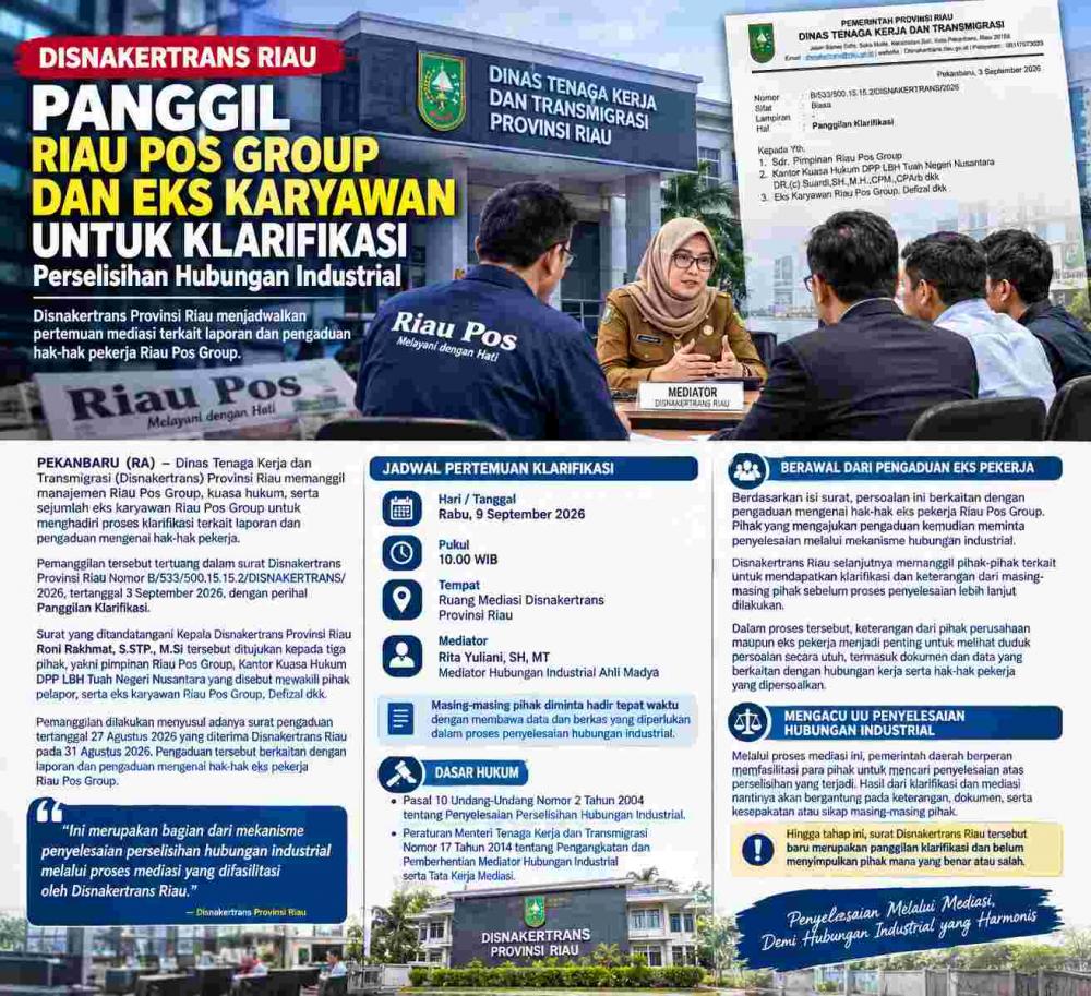 Disnakertrans Riau Panggil Manajemen Riau Pos Group dan Eks Karyawan Terkait Hak Kerja