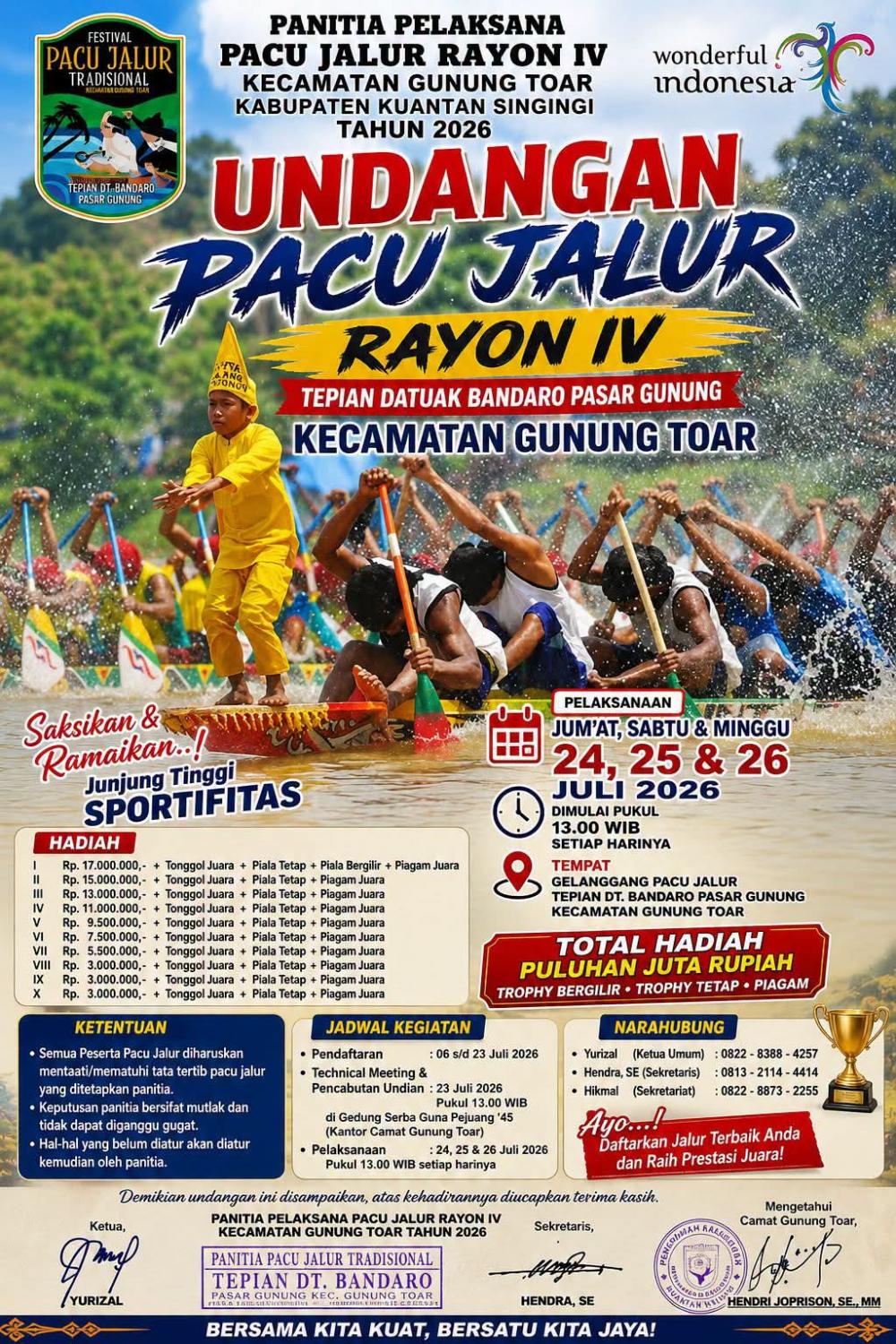 H-6, Sudah 40 Jalur Daftarkan Diri Pacu Jalur di Tepian Dt Bandaro Pasar Gunung