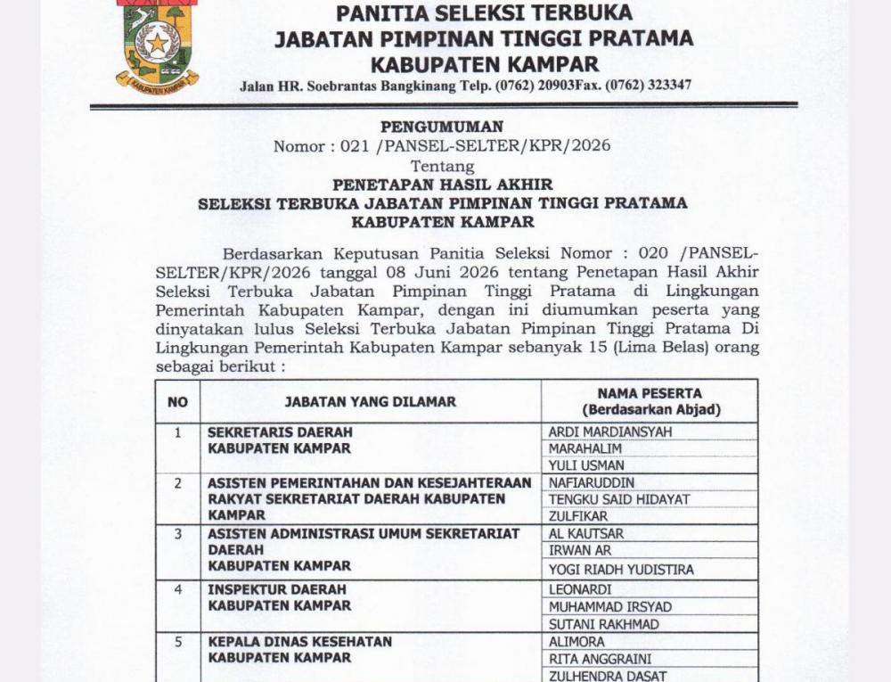 15 Peserta Dinyatakan Lulus Seleksi JPTP di Pemda Kampar, Lanjut ke Tes Kesehatan di RSJ Tampan
