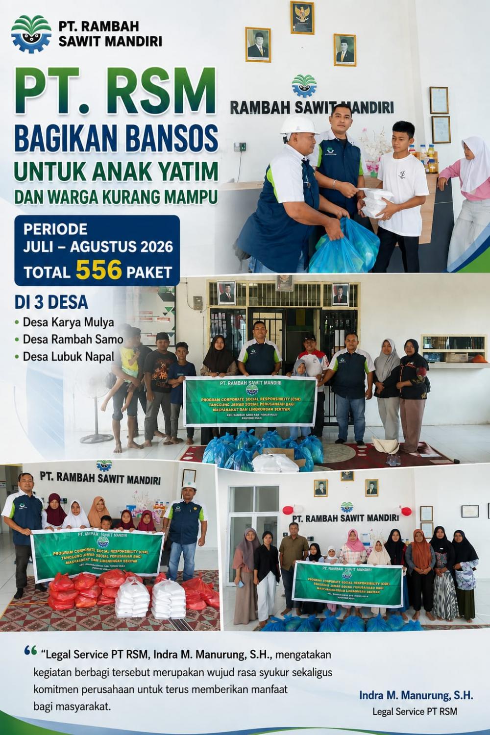 PT RSM Salurkan 556 Paket Sembako untuk Warga Kurang Mampu dan Anak Yatim di Tiga Desa